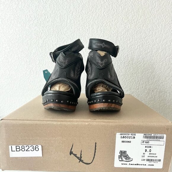 Lane Boots LEXINGTON Womens Black Wedges 9 Western Sandals Cowgirl Wooden Heel - Picture 10 of 11